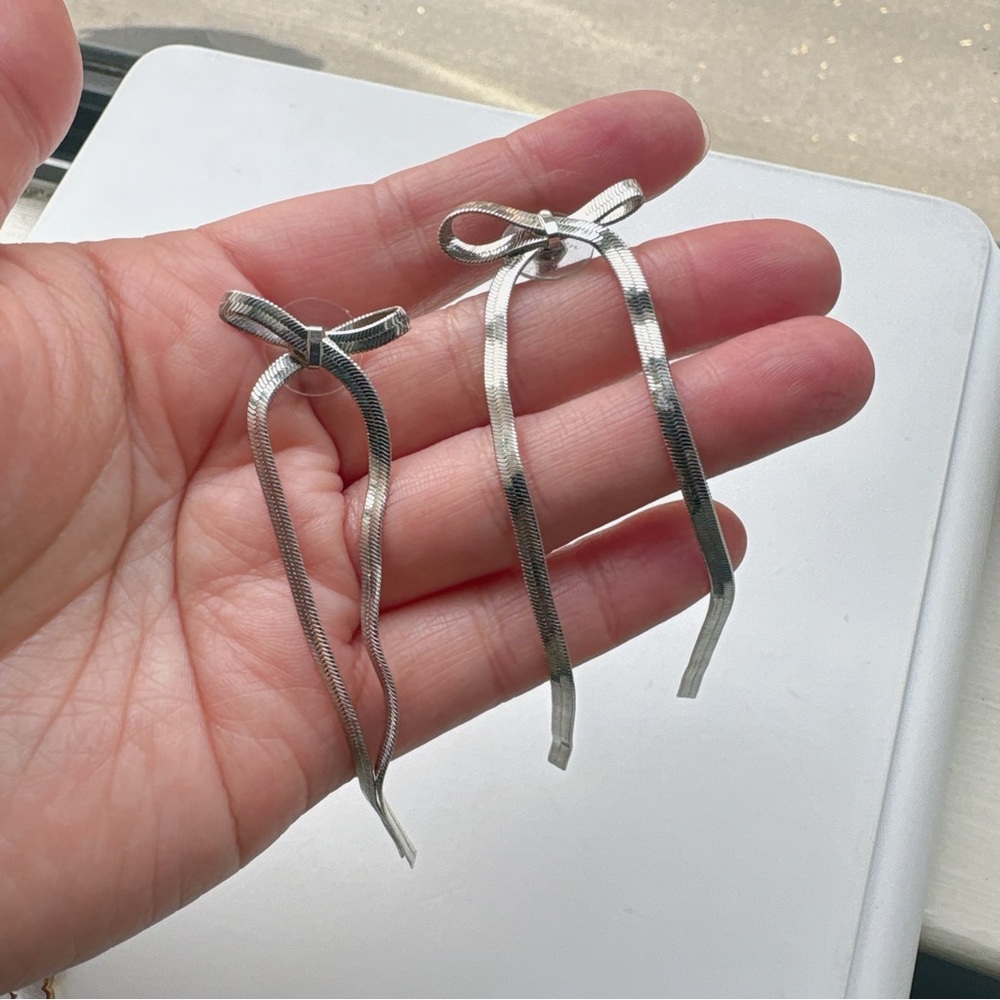 Silver Ribbon Drop Earrings - Picture 2 of 4